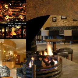 Wnętrze baru z kominkiem, widoczne stoliki i krzesła, w tle recepcja i wizualizacja 3D baru.