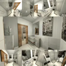 Wizualizacja łazienki z drewnianymi akcentami, szklaną kabiną prysznicową, umywalką na szafce i czarno-białymi obrazami na ścianie, prezentowana w formie kolażu.