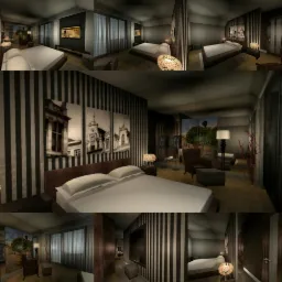 Wizualizacja sypialni z łóżkiem na tle ściany w czarno-białe pasy, z trzema czarno-białymi obrazami przedstawiającymi architekturę miejską. W oddali widoczny kącik wypoczynkowy z fotelami...