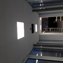 Wnętrze budynku z widokiem na sufit z oknami dachowymi, białe ściany z wbudowanym oświetleniem i drabina na górze.