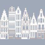 Stylizowany rysunek rzędu kamienic o charakterystycznej architekturze holenderskiej, w odcieniach bieli i szarości na niebieskim tle.