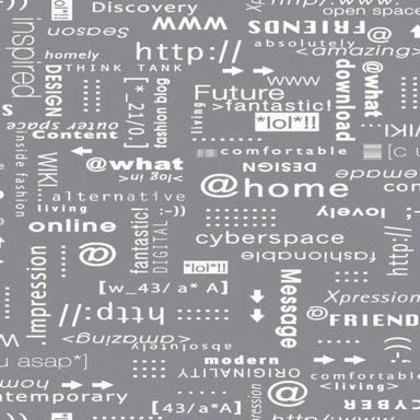 Abstrakcyjny wzór na szarym tle, składający się z białych napisów, symboli i znaków interpunkcyjnych, przypominający tapetę z motywem technologicznym i internetowym.