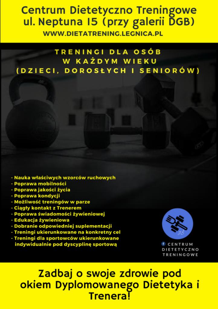Plakat reklamowy centrum dietetyczno-treningowego z informacjami o treningach dla osób w każdym wieku, poprawie mobilności, kondycji, edukacji żywieniowej i suplementacji, na tle sprzętu do ćwiczeń.