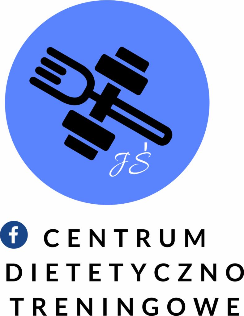 Logo centrum dietetyczno-treningowego: stylizowany widelec połączony z hantlą na błękitnym tle, obok napis Centrum Dietetyczno Treningowe z ikoną Facebooka.
