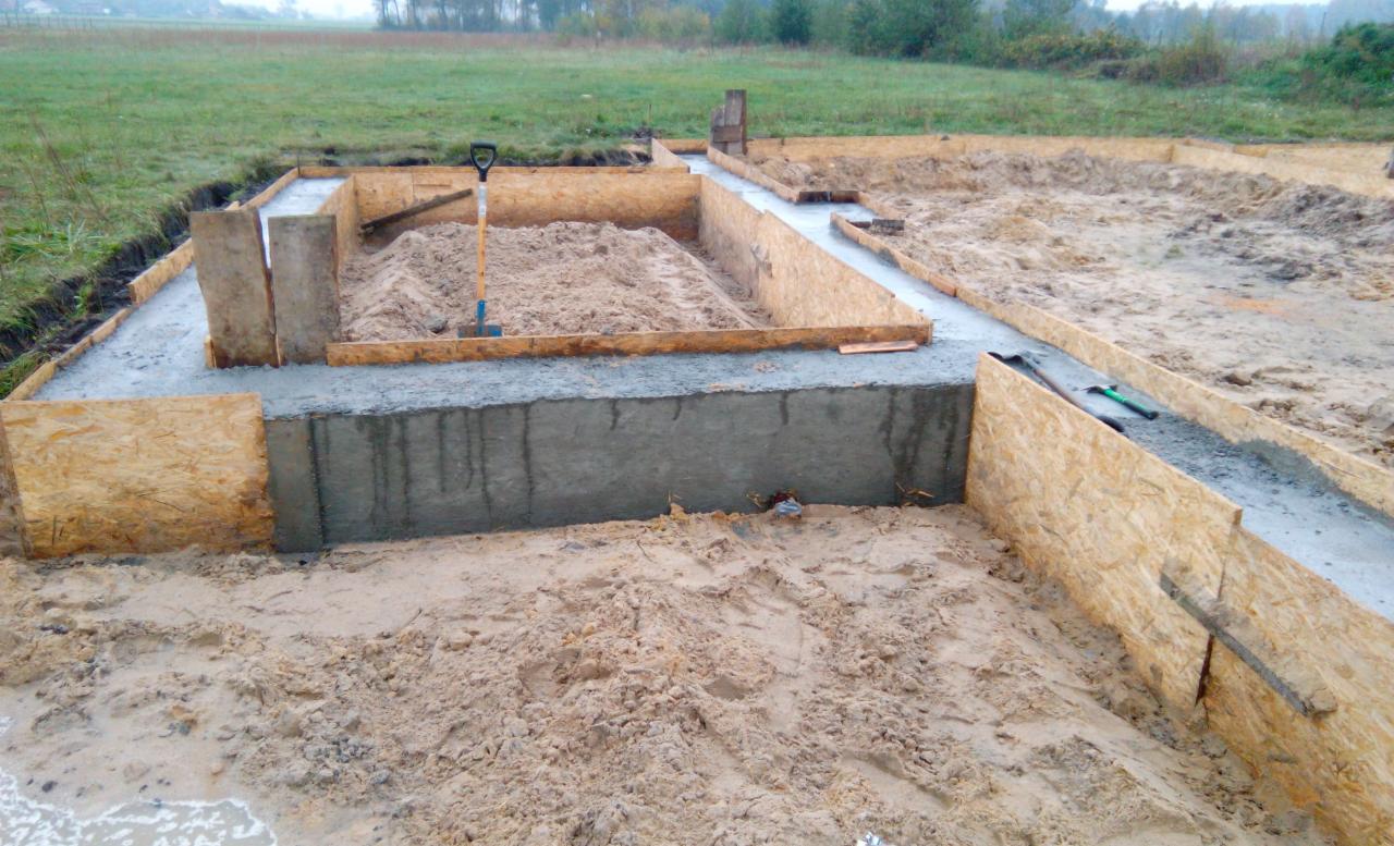 Wylane fundamenty domu z drewnianym szalunkiem, widoczna łopata wbita w piasek wewnątrz szalunku, na zewnątrz teren trawiasty.