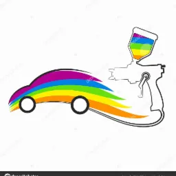 Ilustracja: Kontur samochodu w barwach tęczy, obok pistolet lakierniczy z tęczową farbą. Symbolizuje lakierowanie i szeroką gamę kolorów.