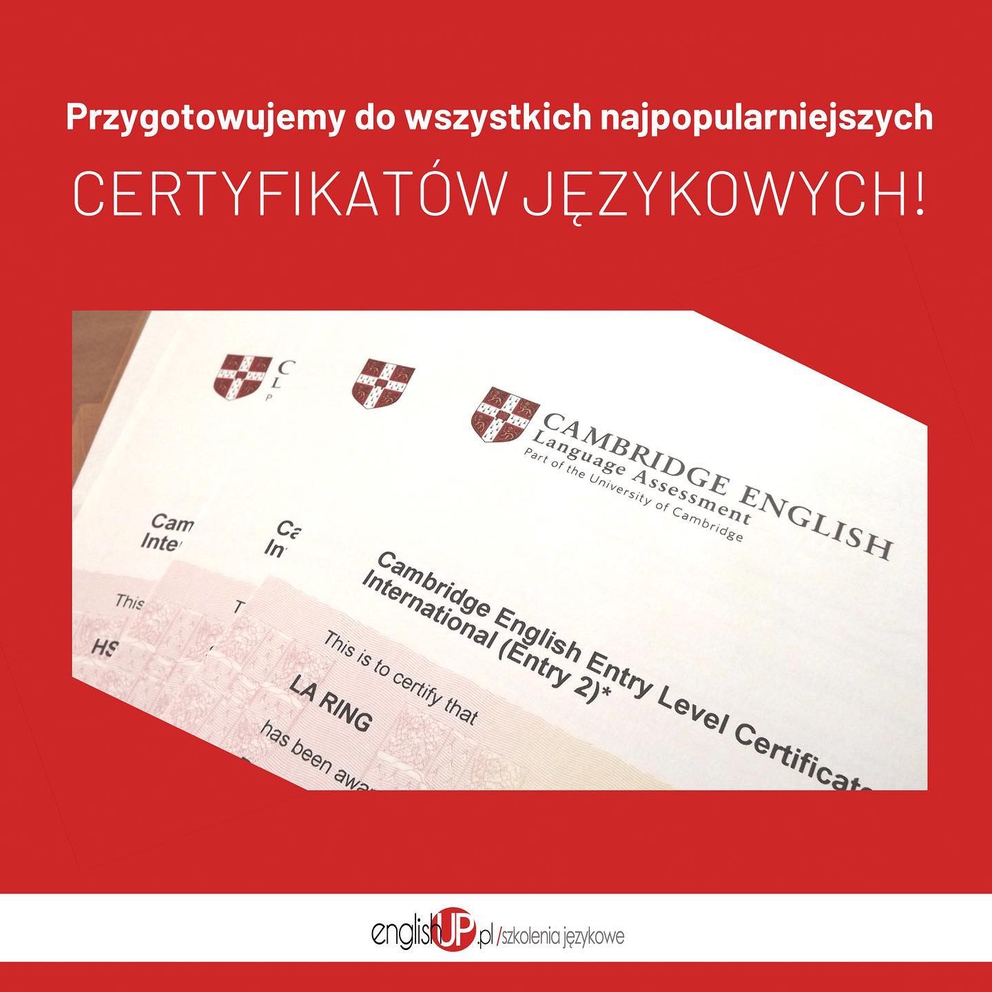 Zdjęcie certyfikatu Cambridge English Entry Level International (Entry 2) z tekstem 'Przygotowujemy do wszystkich najpopularniejszych certyfikatów językowych!' w kolorze czerwonym.
