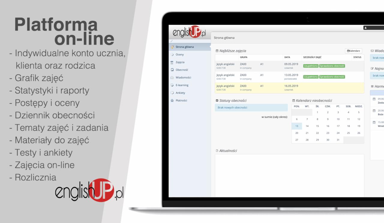 Ekran laptopa prezentujący platformę online do nauki języka angielskiego z widocznym kalendarzem nieobecności, statusem obecności i listą najbliższych zajęć.