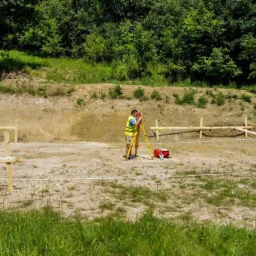 Geodeta w żółtej kamizelce mierzy teren pod budowę za pomocą niwelatora, widoczne drewniane paliki i wytyczona linia na ziemi.
