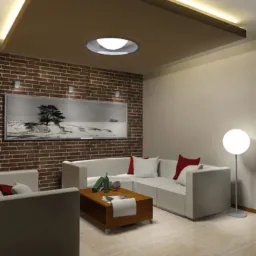 Wizualizacja salonu z ceglaną ścianą, białym narożnikiem, drewnianym stolikiem kawowym i dużym czarno-białym obrazem nad sofą. Sufit podwieszany z okrągłym oknem świetlnym i oświetleniem punktowym.