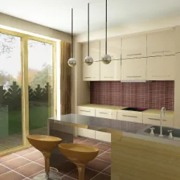 Wizualizacja jasnej kuchni z wyspą i dwoma hokerami, widok na ogród przez duże okno, oświetlenie punktowe z trzema kulistymi lampami.