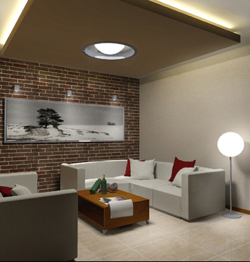 Wizualizacja salonu z ceglaną ścianą, białym narożnikiem, drewnianym stolikiem kawowym i dużym czarno-białym obrazem nad sofą. Sufit podwieszany z okrągłym oknem świetlnym i oświetleniem punktowym.