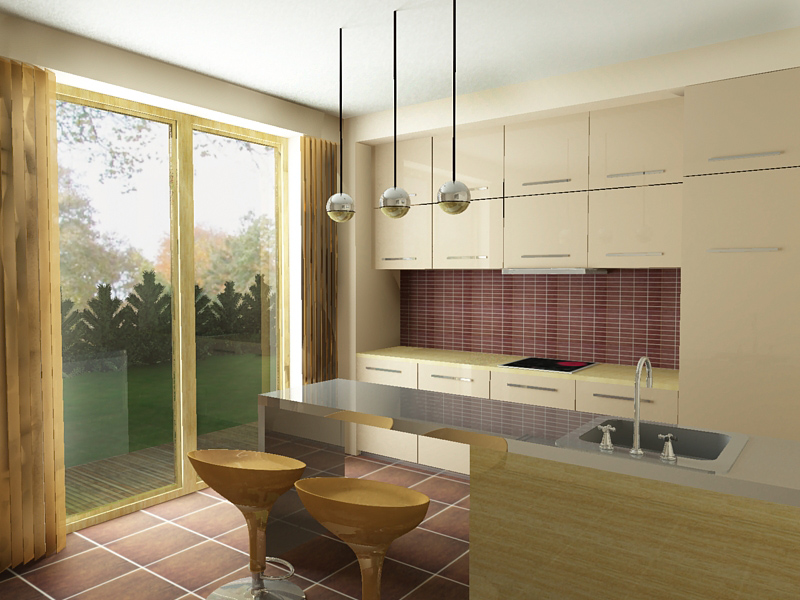 Wizualizacja jasnej kuchni z wyspą i dwoma hokerami, widok na ogród przez duże okno, oświetlenie punktowe z trzema kulistymi lampami.