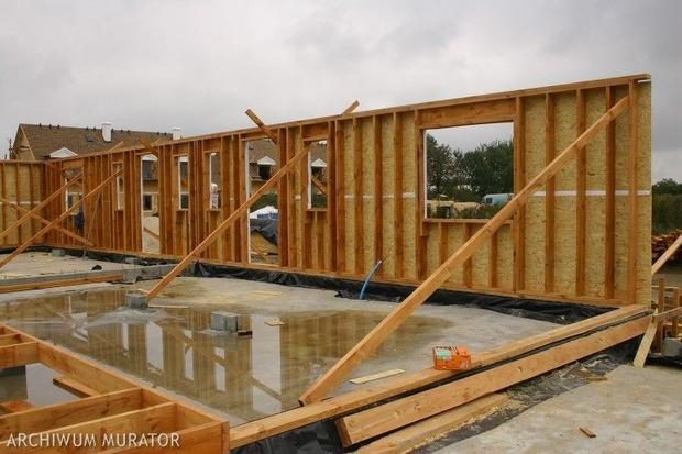 Wznoszenie szkieletowej konstrukcji domu na mokrym fundamencie, widoczne drewniane elementy ścian z oknami oraz ukośne podpory stabilizujące, w tle dom z brązowym dachem.