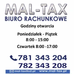 Szyld biura rachunkowego MAL-TAX z godzinami otwarcia i danymi kontaktowymi: numery telefonów i adres e-mail oraz strona internetowa.