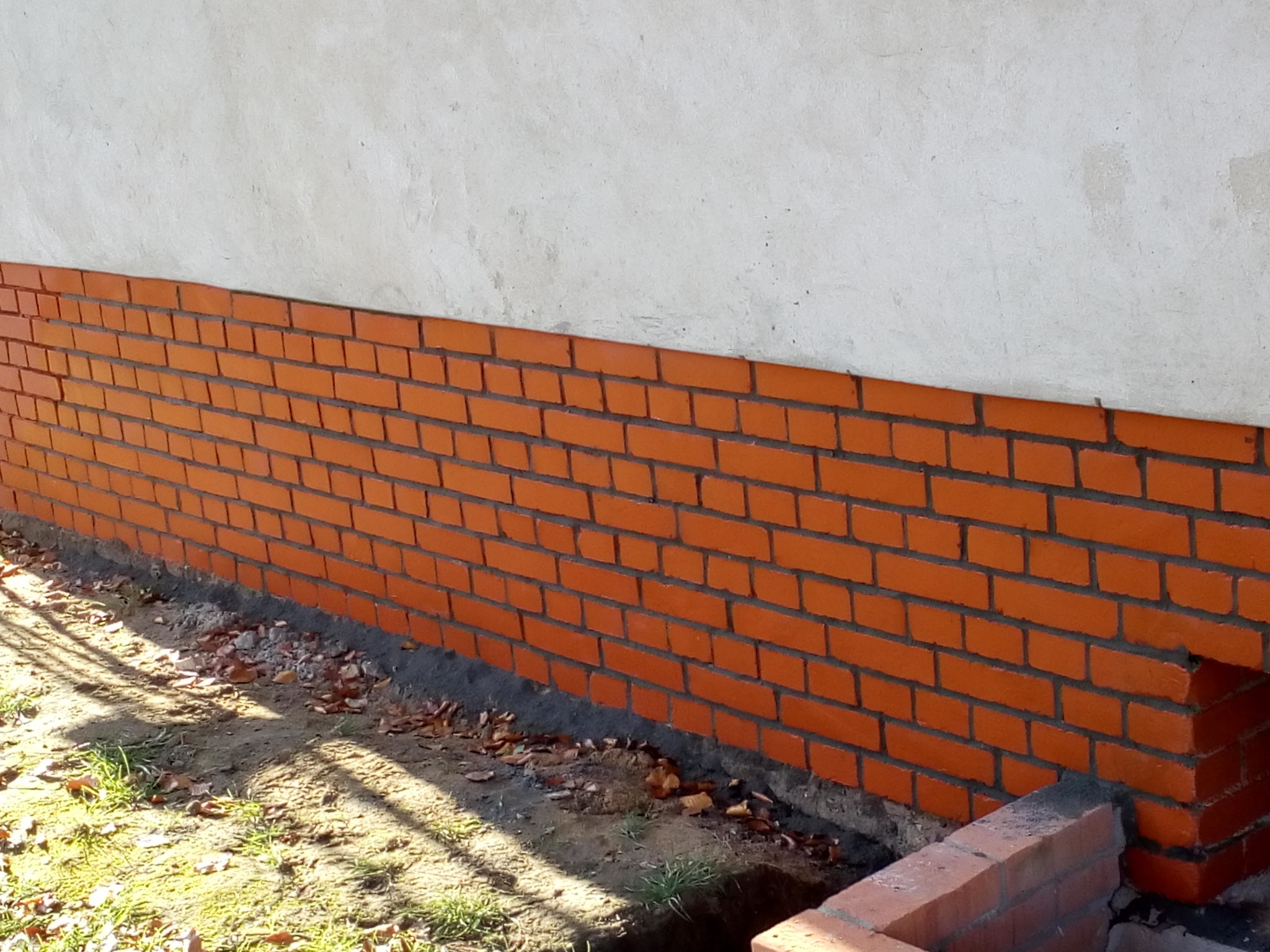 Fragment ściany budynku z ceglaną podmurówką, widoczne liście przy podstawie i szary tynk powyżej.