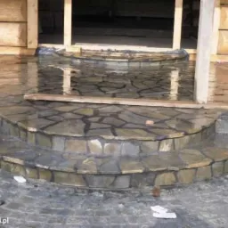 Kamienne schody wejściowe do drewnianego domu, wykonane z nieregularnych płyt, prowadzące do zadaszonego wejścia.