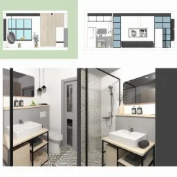 Wizualizacja łazienki z dwoma umywalkami na drewnianych szafkach, kabiną prysznicową z geometrycznym wzorem na szkle i planami mieszkania w tle.