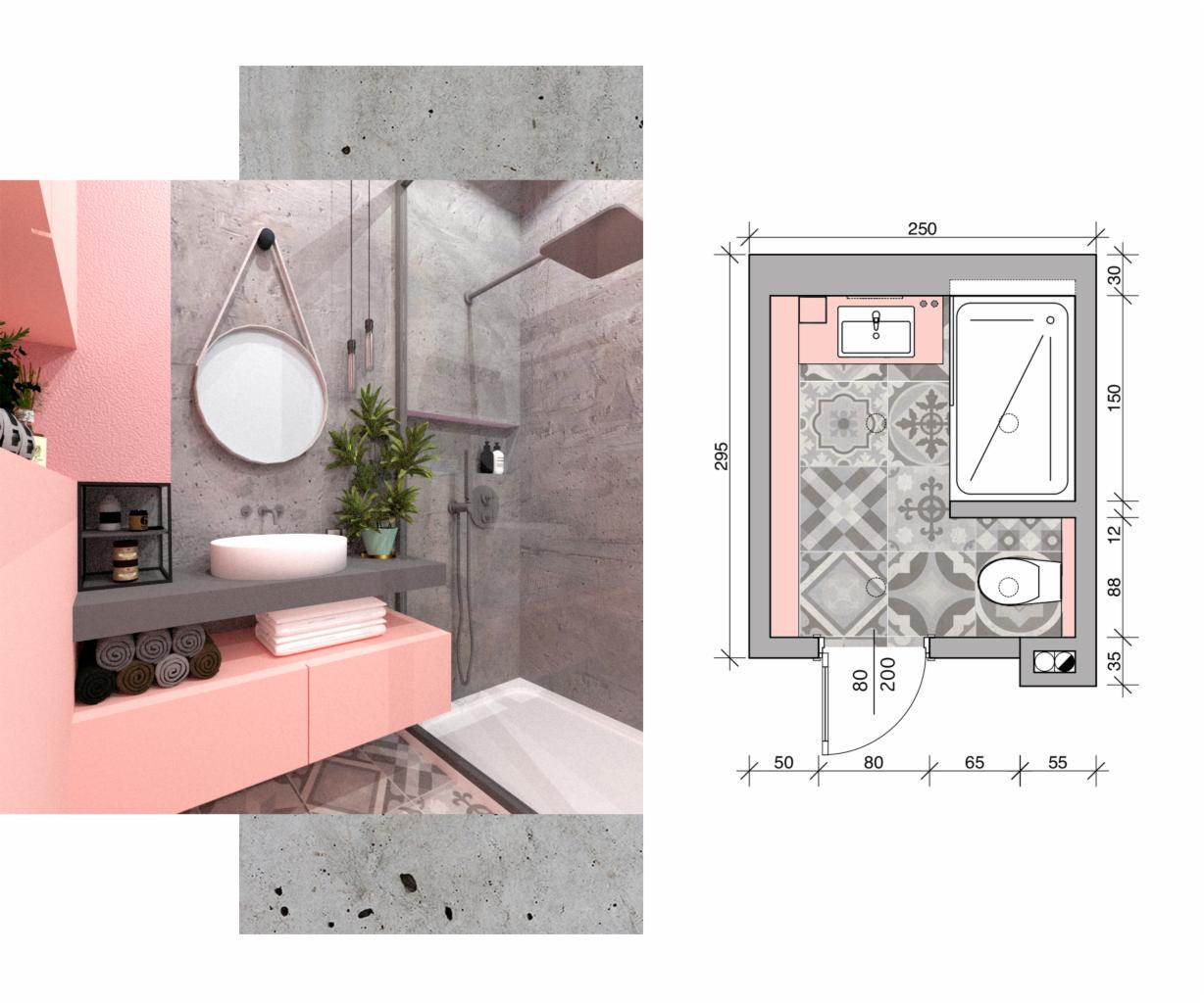 Wizualizacja łazienki w odcieniach różu i szarości z elementami betonu architektonicznego, obok plan z wymiarami i rozmieszczeniem sanitariatów.