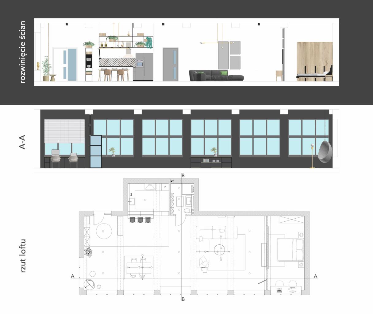Rzut loftu z rozwinięciem ściany i widokiem okien, przedstawiający układ funkcjonalny mieszkania i rozmieszczenie mebli.