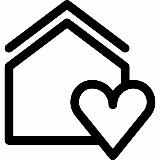 Ikona domu z sercem po prawej stronie, czarne grube linie na białym tle.