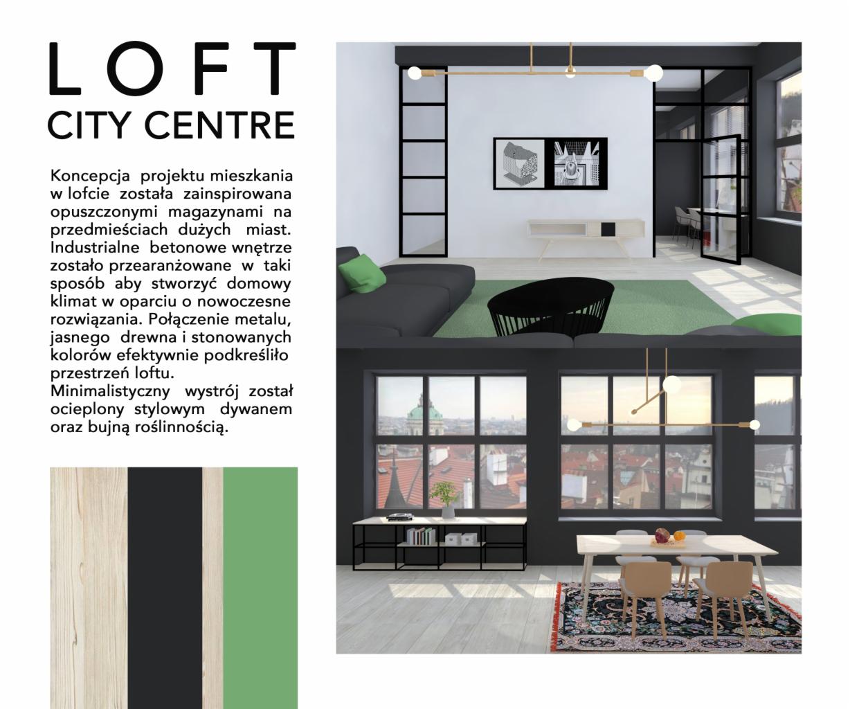 Wizualizacja loftu w stylu industrialnym z betonowymi ścianami, dużymi oknami z widokiem na miasto, minimalistycznymi meblami i elementami z metalu i drewna, ocieplona dywanem i roślinnością.