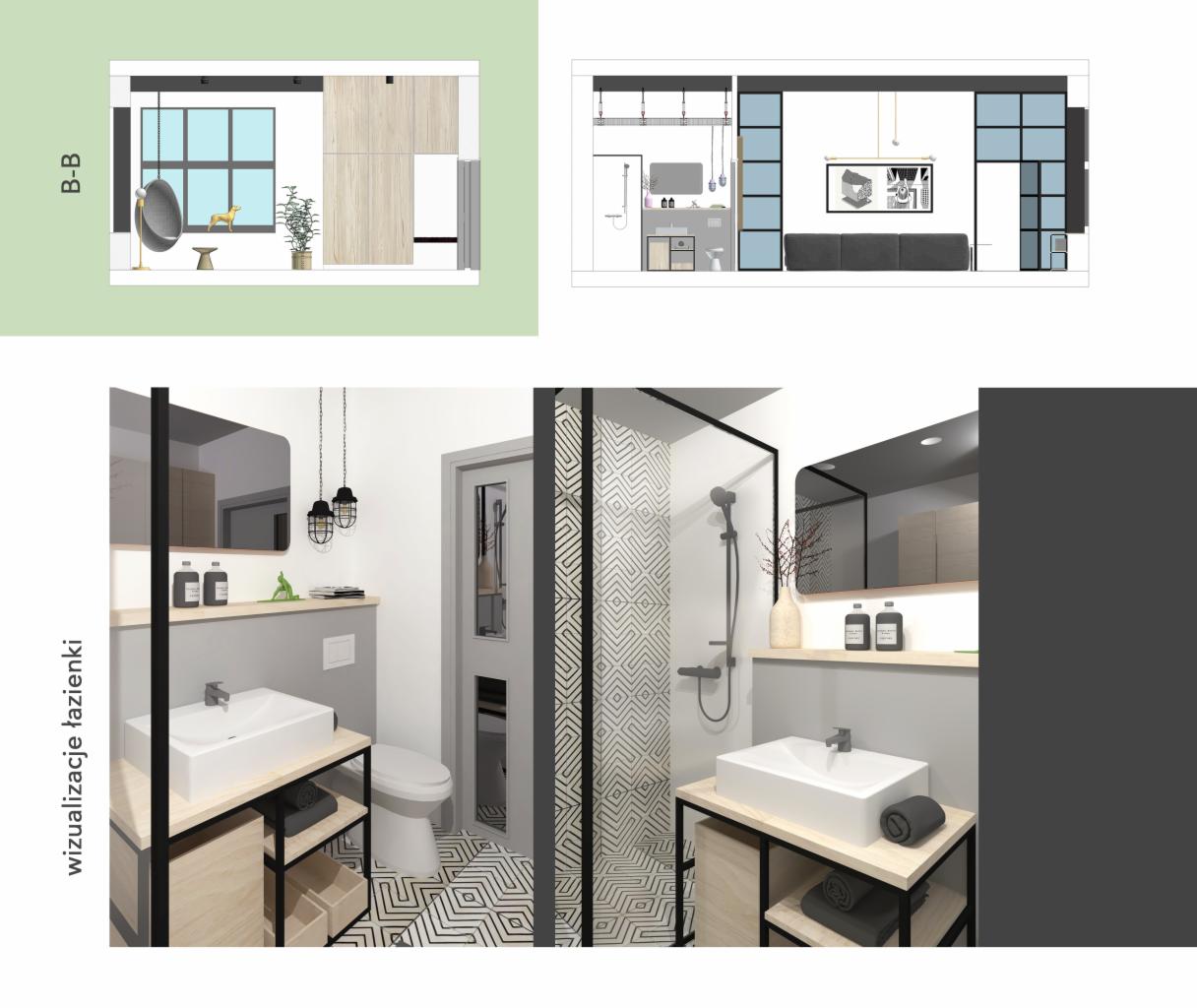 Wizualizacja łazienki z dwoma umywalkami na drewnianych szafkach, kabiną prysznicową z geometrycznym wzorem na szkle i planami mieszkania w tle.