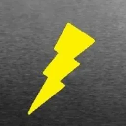 Stylizowany, żółty symbol błyskawicy na ciemnym, teksturowanym tle. Grafika o prostych kształtach, przypominająca logo.