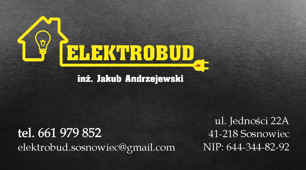 Logo firmy Elektrobud: Stylizowany dom z żarówką, nazwa firmy z symbolem wtyczki, dane kontaktowe i adresowe.