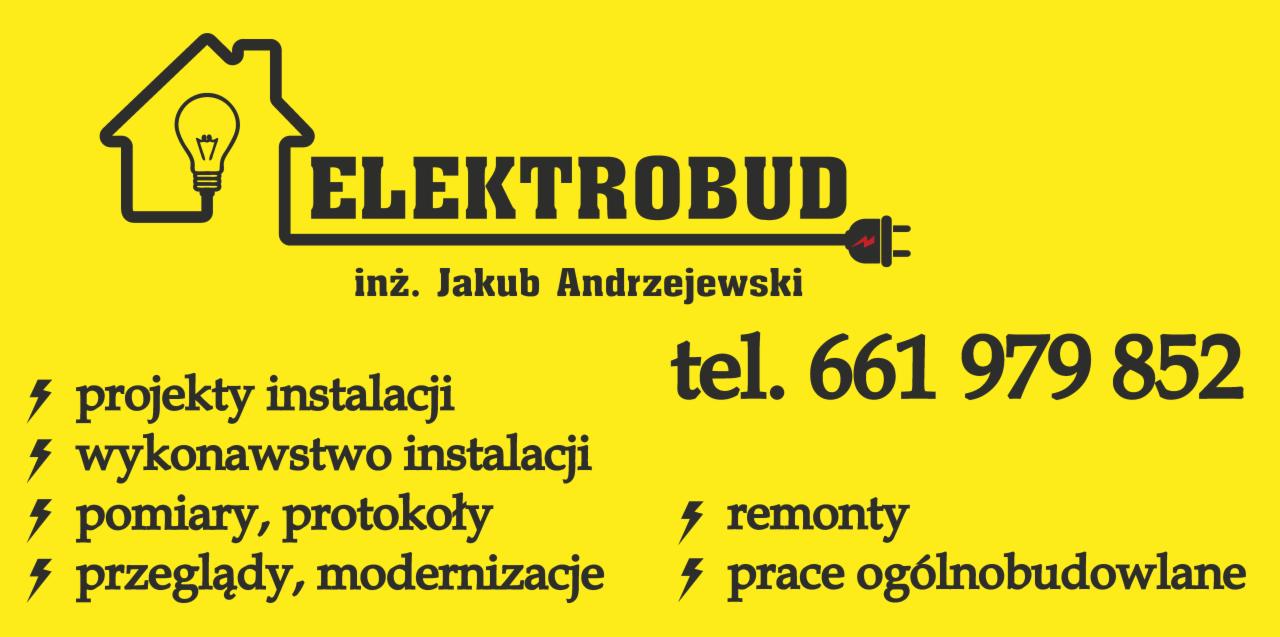 Żółte tło z czarnym logo firmy Elektrobud inż. Jakub Andrzejewski, oferującej projekty i wykonawstwo instalacji, pomiary, protokoły, przeglądy, modernizacje, remonty i prace ogólnobudowlane,...