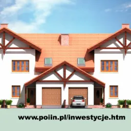 Wizualizacja bliźniaczego domu z garażami, pomarańczowa dachówka, biała elewacja, samochód w jednym z garaży, rośliny w donicach przed wejściem.