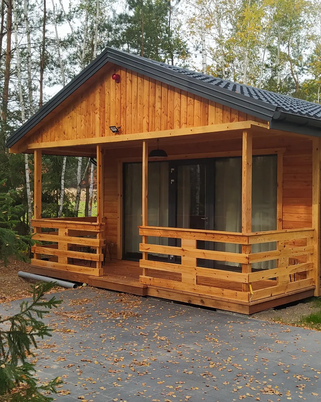 Nowoczesny, parterowy dom z drewna z zadaszonym tarasem, ciemnoszara dachówka, otoczony drzewami w jesiennej scenerii, widoczna szara kostka brukowa pokryta opadłymi liśćmi.