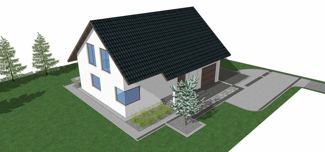 Wizualizacja 3D domu jednorodzinnego z podjazdem wyłożonym szarą kostką, otoczonego trawnikiem i drzewami.