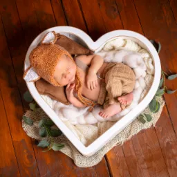 Śpiący noworodek w stroju renifera, leżący w białym, sercowatym koszyku na drewnianej podłodze, otoczony miękką, białą wełną i brązową poduszką.