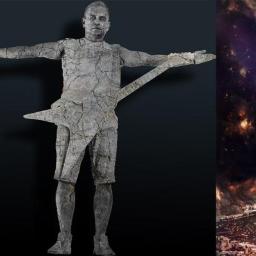 Letcom Tomasz Kubiak - Trzy różne wersje grafiki przedstawiającej mężczyznę z gitarą elektryczną: wersja oryginalna na białym tle, wersja jako kamienna rzeźba na ciemnym tle i wersja jako kamienna rzeźba na tle kosmosu...