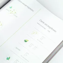 Prezentacja wizualnych wersji logo w broszurze, z detalami kolorystycznymi i informacjami o czcionkach.