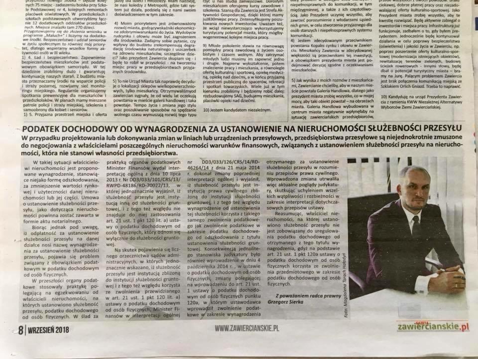 Zdjęcie fragmentu gazety z artykułem o podatku dochodowym od wynagrodzenia za ustanowienie służebności przesyłu, z portretem radcy prawnego Grzegorza Sierki.
