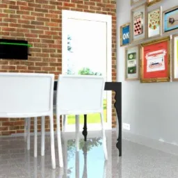 Wnętrze z ceglaną ścianą, neonem 'Bar', białymi krzesłami przy czarnym stole, galerią obrazków na ścianie i dekoracyjnymi figurami szachowymi.