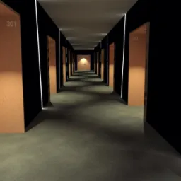 Długi korytarz hotelowy z numerowanymi drzwiami pokojów, oświetlony punktowo, z ciemnymi ścianami i jasną podłogą, perspektywa z niskiego kąta.