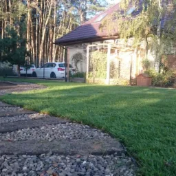 Świeżo założony trawnik z rolki, widoczna ścieżka z płyt betonowych wypełniona drobnym żwirem, w tle dom z pergolą i dwa białe samochody.