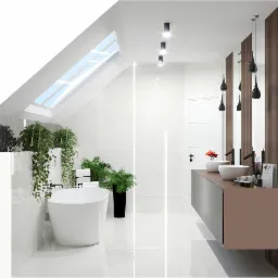 Jasna łazienka na poddaszu z wanną wolnostojącą, roślinami doniczkowymi, białymi płytkami z delikatnym wzorem, umywalkami nablatowymi i wiszącymi lampami w kształcie kropli.