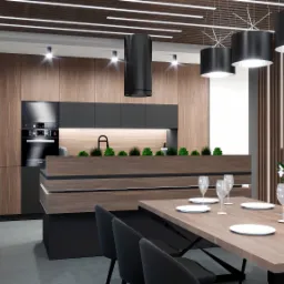 Nowoczesna kuchnia z drewnianymi frontami szafek i wyspą, czarne lampy wiszące, stół z nakryciem i kwiatami, betonowa ściana z oknem i roślinami w doniczkach.