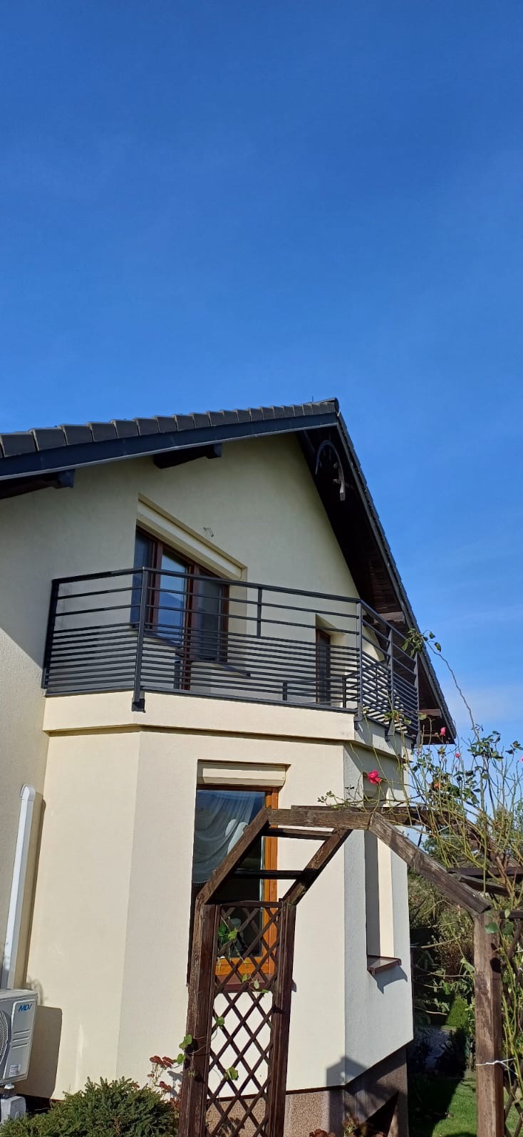 Nowoczesna, pozioma balustrada balkonowa z czarnych profili na tle beżowej elewacji domu i błękitnego nieba. Widoczny fragment drewnianej konstrukcji z pnącą roślinnością.