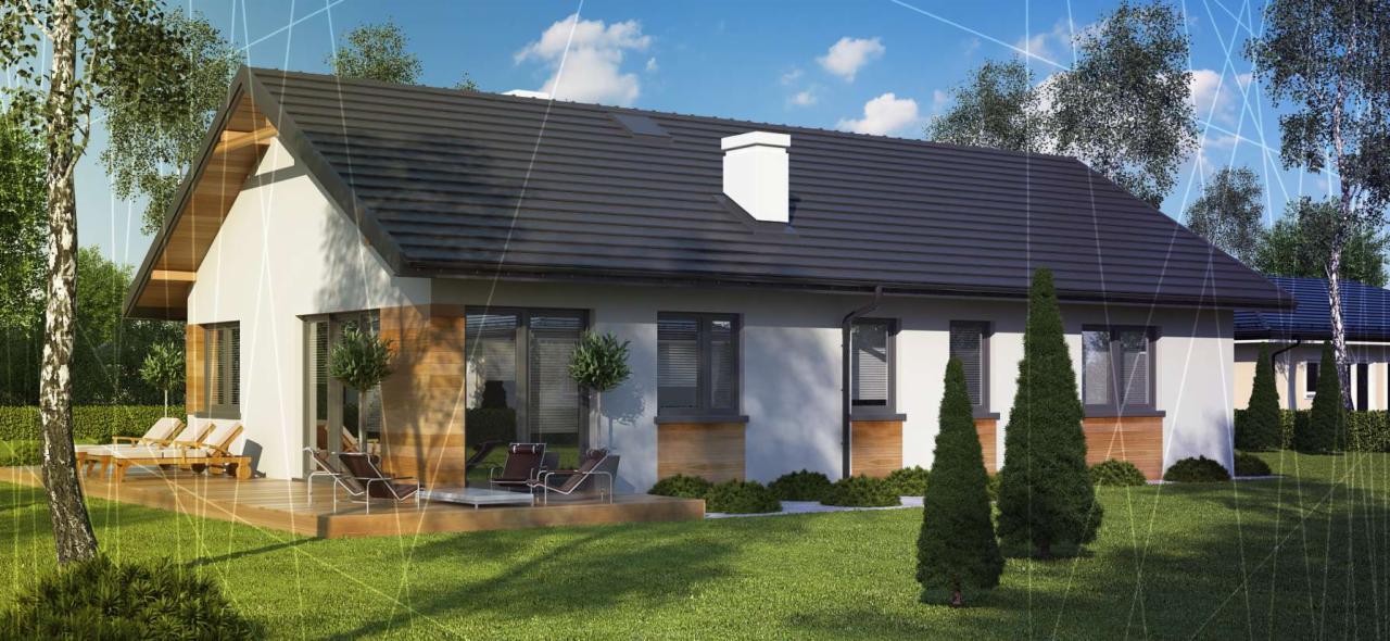 Wizualizacja projektu domu jednorodzinnego z drewnianym tarasem, leżakami i zadbanym trawnikiem w słoneczny dzień.
