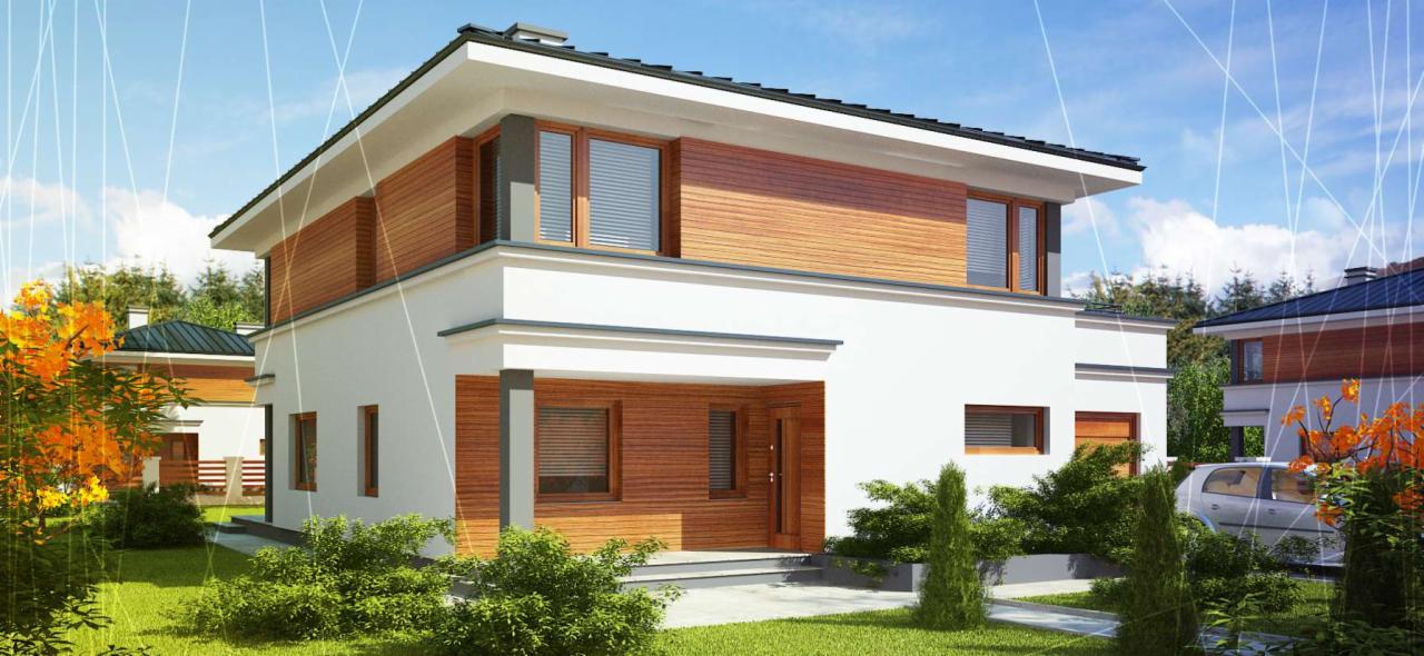 Wizualizacja dwukondygnacyjnego domu jednorodzinnego z drewnianą elewacją na piętrze i białymi ścianami na parterze, otoczonego zielonym trawnikiem i krzewami, z sąsiednimi budynkami w tle.