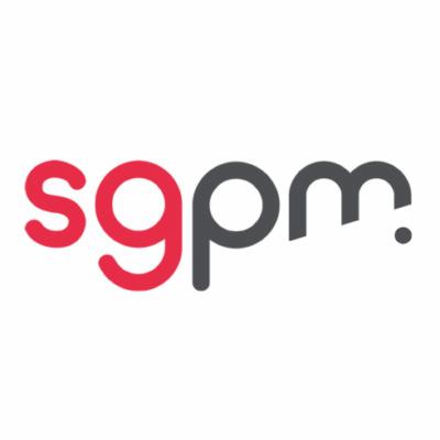 Logo firmy z napisem 'sgpm' w kolorach czerwonym i szarym na białym tle.