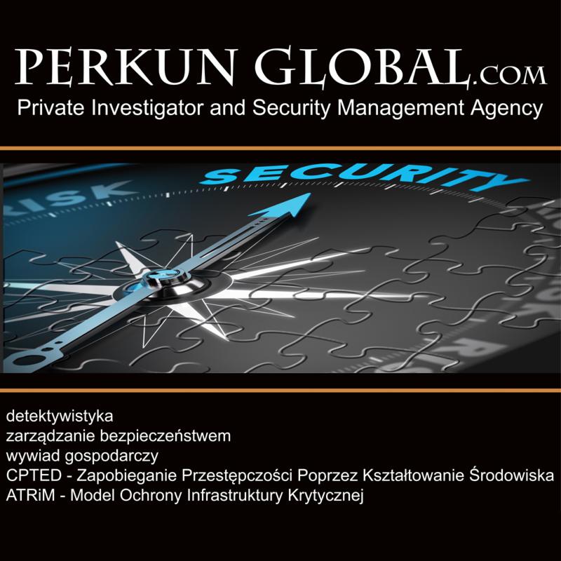 Logo firmy detektywistycznej i zarządzania bezpieczeństwem Perkun Global. Kompas z wskazówką na 'Security' na tle układanki.