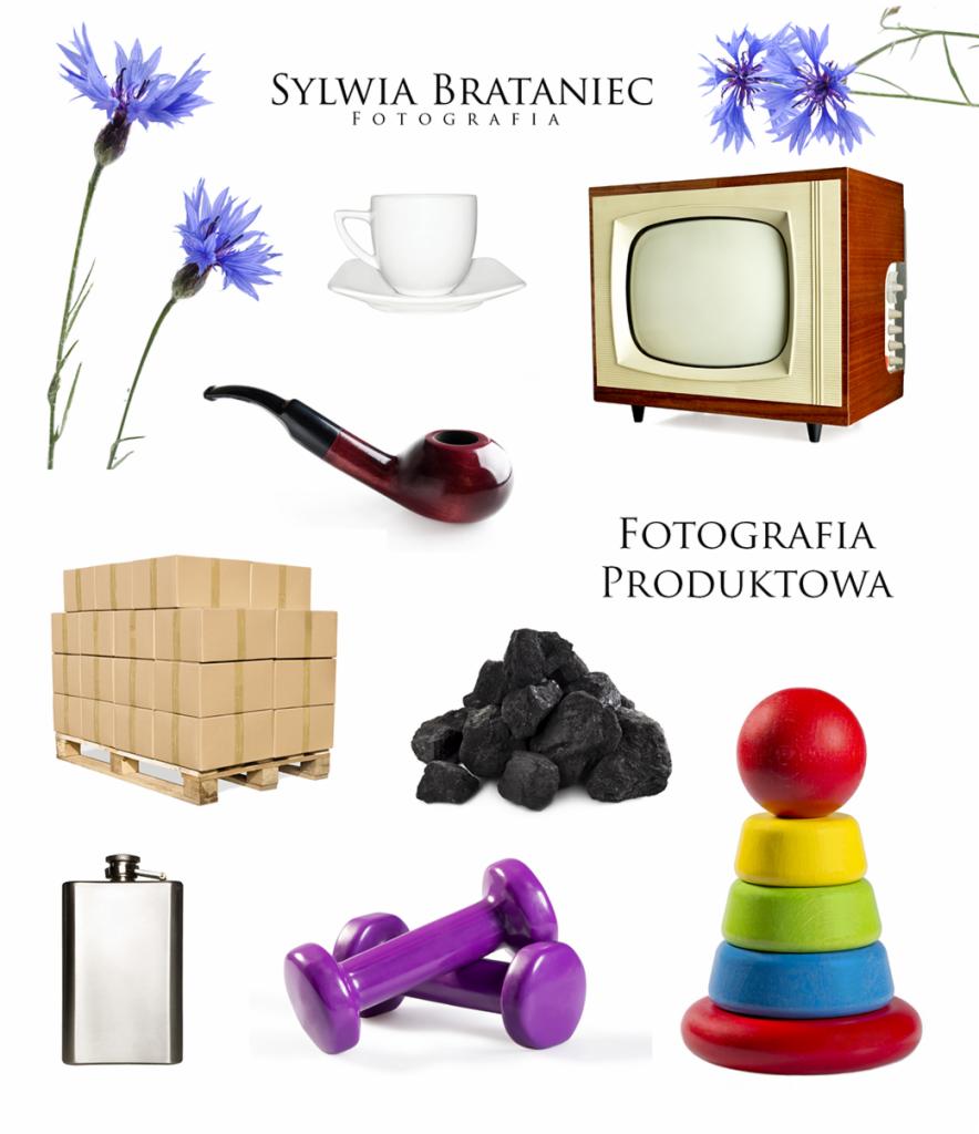 Kompozycja różnorodnych przedmiotów na białym tle, w tym kwiaty, filiżanka, fajka, stary telewizor, pudełka, węgiel, piersiówka, hantle i zabawka piramida, stylizowane na reklamę fotografii...