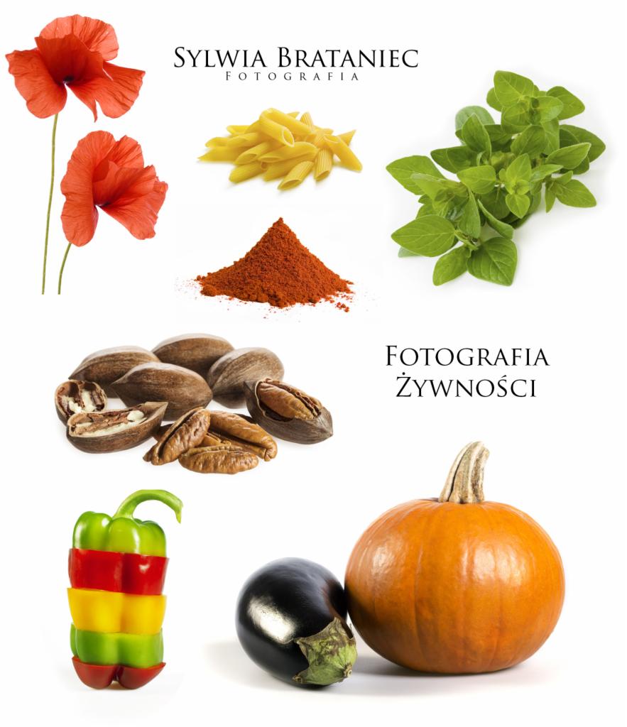 Kompozycja fotograficzna z różnorodnych produktów spożywczych na białym tle, w tym maków, makaronu penne, przyprawy w proszku, orzechów pekan, bazylii, ułożonych warstwowo papryk, bakłażana i dyni,...