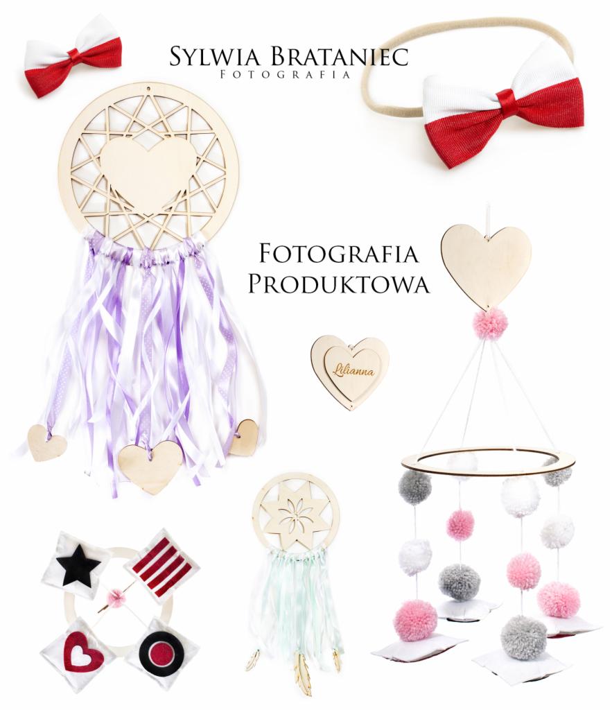 Kolaże z ręcznie robionych ozdób dla dzieci: łapacze snów z drewnianymi sercami i wstążkami, karuzela z pomponami, opaska z kokardą w kolorach bieli i czerwieni, serduszko z imieniem 'Lilianna'.